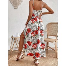 Femora Moda Kadın Ip Askılı V Yakalı Bel Güpür Çiçek Desenli Yandan Yırtmaçlı Maksi Süprem Elbise