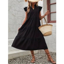 Femora Moda Kadın Kısa Kollu V Yakalı Geniş Kesim Uzun Trikoton Elbise