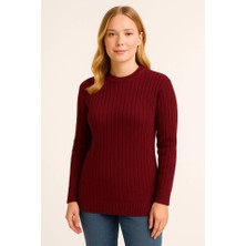 Femora Moda Bisiklet Yuvarlak Yaka Triko Kazak Pamuklu Kalın Fitilli Dokuma, Regular Fit Uzun Kollu Kışlık Model - Bordo