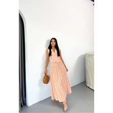 Femora Moda Keten Çizgili Yelek - Uzun Etek Takım - Orange