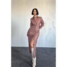 Femora Moda Pudra Boydan Düğmeli Deri Elbise