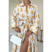 Femora Moda Bej Desenli ve Önü Düğmeli Keten Elbise