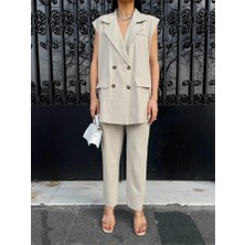 Femora Moda Çizgili Uzun Yelek - Pantolon Takım Polviscon - Bej