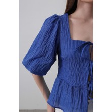 Femora Moda Kare Yaka Balon Kol Bluz - Mavi