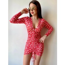 Femora Moda Kadın V Yaka Önü Asansör Büzgü Detay Fırsat Ürün Puantiyeli Mini Elbise