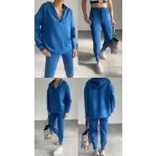 Femora Moda Kadın Uzun Kol V Yaka Kapüşon Detay Sweat ve Yüksel Bel Eşofman Ikili Takım