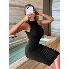 Femora Moda Kadın Omuzlardan Açık Bisiklet Yaka Janjan Krep Elbise