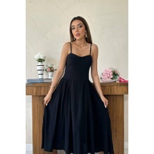 Femora Moda Siyah Göğüs Kuplu Uzun Büzgülü Elbise