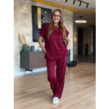 Femora Moda Kadın Kısa Kollu Bisiklet Yaka Viskon Iki Iplik Bluz ve Pantolon Ikili Takım