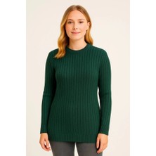 Femora Moda Bisiklet Yuvarlak Yaka Triko Kazak Pamuklu Kalın Fitilli Dokuma, Regular Fit Uzun Kollu Kışlık Model - Haki