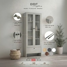 BBF Furniture Sis Gri Cam Kapaklı Modern %100 MDF Kitaplık ve Vitrin Dolap – Çekmeceli, Çok Amaçlı Saklama Ünitesi