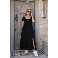 Femora Moda Kadın Kısa Kollu Yuvarlak Yaka Önden Yırtmaçlı Cepli Viskon Uzun Elbise