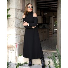 Femora Moda Kadın Balıkçı Yaka Omuzlardan Açık Uzun Kollu Janjan Krep Elbise