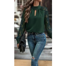 Femora Moda Kadın Uzun Kollu Göğüs Pencere Detay Yaka Boğazlı Kolları Tüllü Sandy Bluz