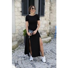 Femora Moda Kadın Kısa Kollu Sırt Dekolteli Yırtmaç Detaylı Viskon Elbise