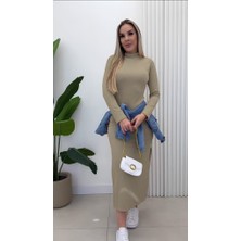 Femora Moda Kadın Uzun Kollu Balıkçı Yakalı Yanlardan Yırtmaçlı Kaşkorse Maxi Elbise