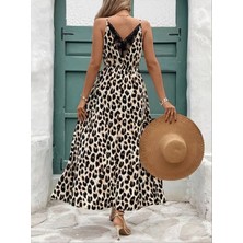 Femora Moda Kadın Ip Askılı Yuvarlak Yakalı Arkası V Yakalı Yırtmaçlı Uzun Leopar Desenli Süprem Elbise