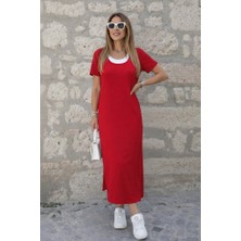 Femora Moda Kadın Kısa Kollu Içi Atlet Görünümlü Yandan Yırtmaçlı Uzun Viskon Elbise