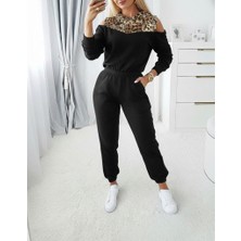 Femora Moda Kadın Uzun Kollu Omuzlardan Açık Leopar Desenli Kapşonlu Viskon Iki Iplik Bluz ve Pantolon Ikili Takım