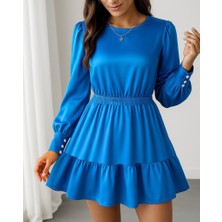 Femora Moda Kadın Uzun Kollu Bisiklet Yaka Beli Lastikli Fırfırlı Ithal Krep Elbise