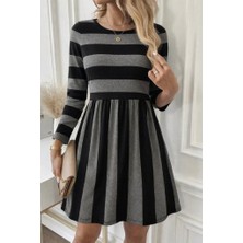 Femora Moda Kadın Uzun Kollu Bisiklet Yaka Çizgili Desen Detaylı Süprem Mini Elbise