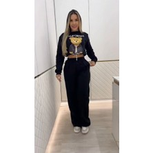 Femora Moda Kadın Uzun Kollu Bisiklet Yaka Desenli Iki Iplik Şardonlu Bluz ve Pantolon Ikili Takım