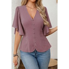 Femora Moda Kadın Kısa Kollu Önden Düğmeli Ithal Krep Bluz