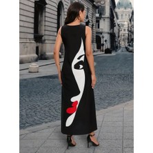 Femora Moda Kadın Sıfır Kol V Yakalı Kadın Yüz Desenli Süprem Elbise