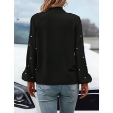 Femora Moda Kadın Uzun Kollu Yakadan Fiyonklu Incili Ithal Krep Bluz