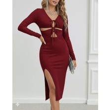 Femora Moda Kadın Uzun Kollu Göğüs ve Göbek Dekolte Detay Sandy Midi Boy Elbise