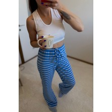 Mavi Beyaz Çizgili Belden Bağlamalı Havlu Kumaş Pijama Alt