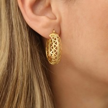 Nox Jewelry 14 Ayar Altın Kaplama Mat Yüzeyli Geometrik Desenli Orta Boy Kalın Halka Gümüş Küpe