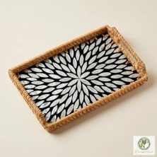 Renesse Home Bourem El Yapımı Kulplu Sedefli Rattan Tepsi – Sunum ve Dekoratif Servis Tepsisi (20x30cm)