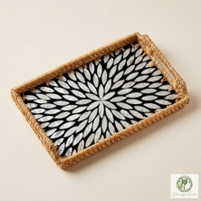 Renesse Home Bourem El Yapımı Kulplu Sedefli Rattan Tepsi – Sunum ve Dekoratif Servis Tepsisi (23x33cm)