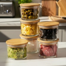 Amandus Mina - 6'lı Bambu Kapaklı Vakumlu Hava Geçirmez Cam Kahvaltılık Saklama Kabı Çerezlik 220 ml