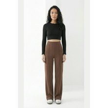 Greymoor Kahverengi Modal Çımalı Bol Paça Yüksek Bel Yumuşak Dokulu Beli Lastikli Likralı Pantolon