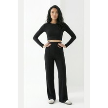 Greymoor Siyah Modal Çımalı Bol Paça Yüksek Bel Yumuşak Dokulu Beli Lastikli Likralı Pantolon