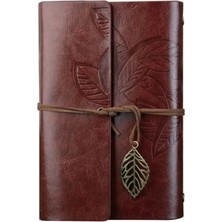 Calperia Özel Tasarım Retro Yaprak Baskılı Deri Kapaklı Not Defteri - Kahverengi