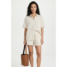 Greymoor Ekru Kadın Çizgili  Şortlu Pamuklu Takım