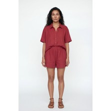 Greymoor Bordo Kadın Çizgili  Şortlu Pamuklu Takım