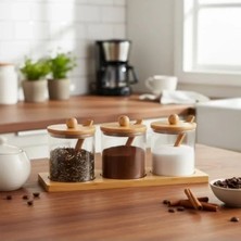 Calperia Bambu Standlı 3'lü Cam Baharatlık Seti