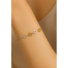 Nkie Jewels Gümüş Renk Van Cleef Zincir Sarı Beyaz Asansör Çelik Bileklik - 3622