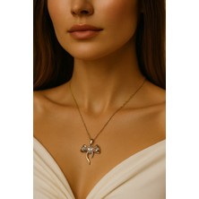 Nkie Jewels Altın Renk Kalp Fiyonk Beyaz Taş Sf Zincir Çelik Kolye - 3654