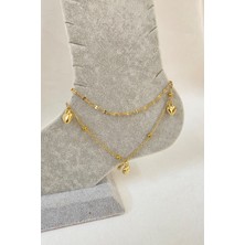 Nkie Jewels Altın Renk Üç Kalpli Model Singapur ve Top Zincir Çelik Halhal - 3227