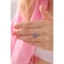 Nkie Jewels Gümüş Renk Mor Damla Taşlı Lotus Kamelya Çiçeği Çelik Kolye - 3417