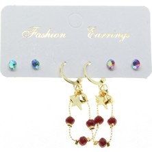 Nkie Jewels Altın Renk Yıldız Yuvarlak Kombin Bordo Boncuk Küpe - 2837