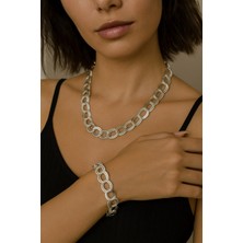Nkie Jewels Gümüş  Renk Samanyolu Kolye &amp; Bileklik Set Vip Solmaz Kararmaz Çelik Set - 3338