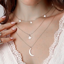 Nkie Jewels Gümüş Renk Kutup Yıldızı ve Hilal Figürlü Çok Katmanlı Kombin Kolye 960