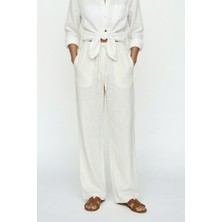 Greymoor Beyaz Kadın Keten Karışımlı Yüksek Bel Bol Paça Palazzo Pantolon