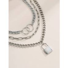 Nkie Jewels Gümüş Rengi Kilit ve Halka 3 Katmanlı Kolye